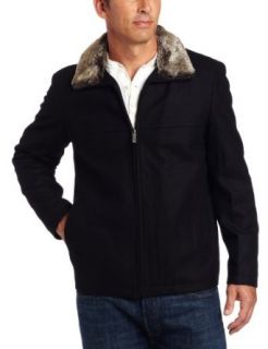 Nautica Mens Melton Zip Front Coat with Fur Collar