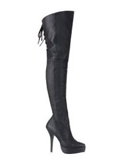 Black Leather Back Lace Up Thigh High Boot   11: Clothing