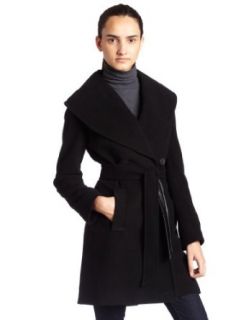 Larry Levine Womens Shawl Collar Belted Wrap Coat, Black, 14: Clothing