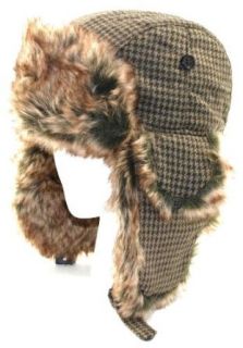 S/M Houndstooth Brown Green Faux Fur Aviator Pilot Trapper