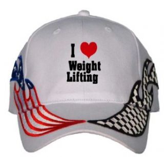 I Love/Heart Weight Lifting USA Flag / Checker Racing Hat