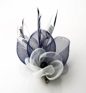 Ladies Navy Blue and White Feather and Mesh Hair