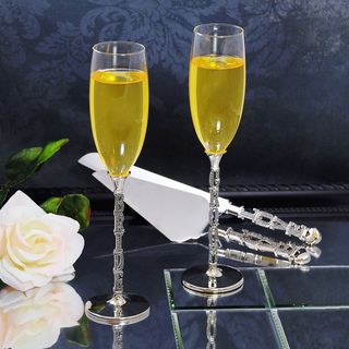 Bride & Groom Love Champagne Flutes & Cake Serving Set