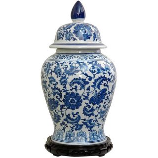 Porcelain 18 inch Blue and White Floral Temple Jar (China)