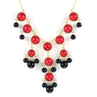 Goldtone Red and Black Faux Stone Ball Drop Bib Necklace