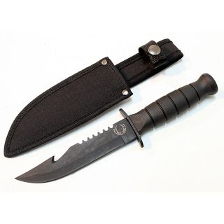 Defender 10.5 inch Black Stainless Steel Fish Hook Blade Hunting Knife