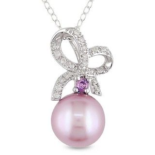 Silver Pearl, Sapphire and 1/10ct TDW Diamond Necklace (H I, I3) (9 9