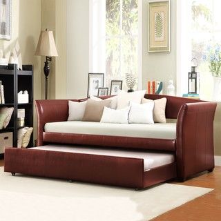 ETHAN HOME Deco Wine Red Faux Leather Daybed with Trundle