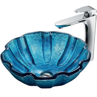 Mediterranean Seashell Vessel Sink in Blue with Chrome Faucet