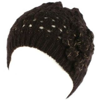 Crochet Flower Vent Knit Beanie Skull Winter Hat Black
