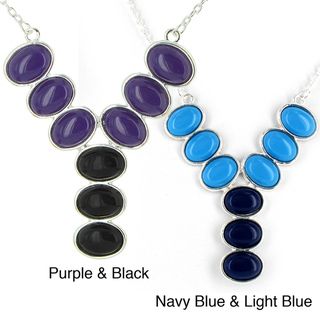 Silvertone Purple and Black Stone Drop Necklace