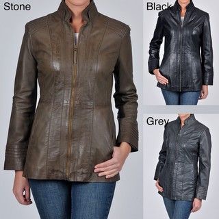 Tibor Design Womens Double Stand Collar Leather Jacket