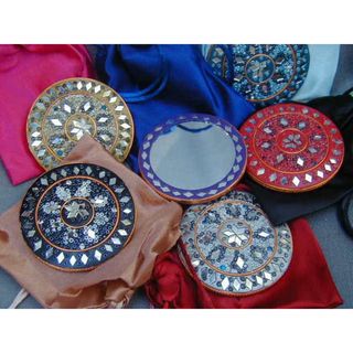 Handmade Set of 6 Purse Mirrors with Satin Pouches (India)