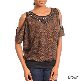Stanzino Womens Embellished Neckline Top with Cut out Shoulders