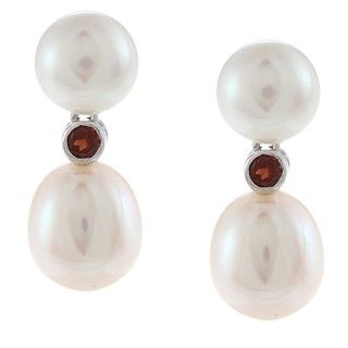 14k White Gold Double White Freshwater Pearl and Garnet Earrings (7