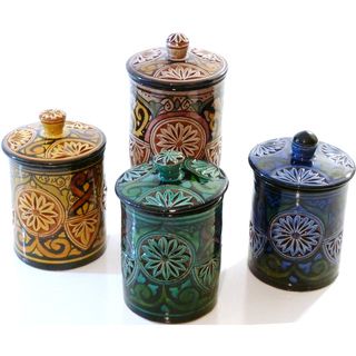 Set of 4 Large Engraved Ceramic Canisters (Morocco)