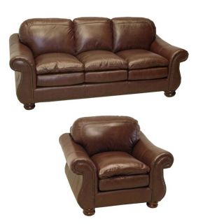 Yale Mahogany Italian Leather Sofa and Chair