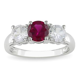Miadora 10k White Gold Created Ruby and White Sapphire 3 stone Ring
