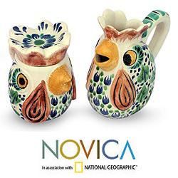 Majolica Ceramic Roosters Sugar Bowl and Creamer Set (Mexico