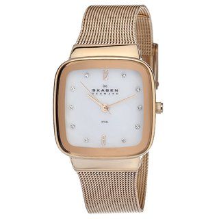 Skagen Womens Rose Gold Square Dial Mesh Band Watch