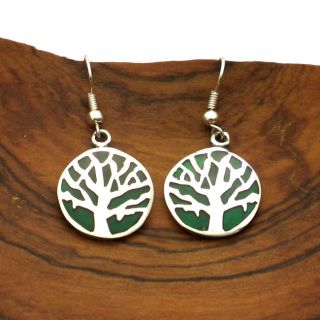 Handcrafted Alpaca Silver Tree of Life Green Resin Earrings (Mexico