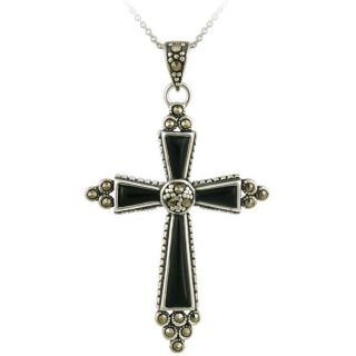 Sterling Silver Onyx and Marcasite Cross Necklace