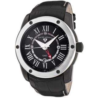 Swiss Legend Mens Traveler Black Leather GMT Watch