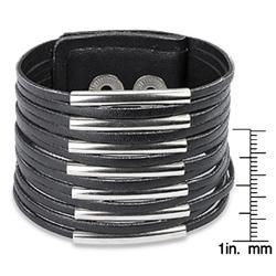 Black Leather and Steel Multi strip Bracelet