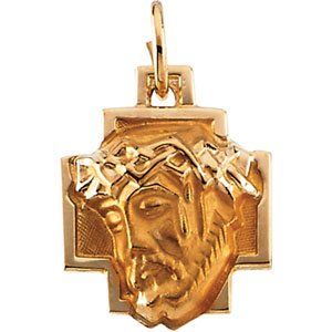 14k Yellow Gold Head Of Jesus Crown Cross Pendant 12x12mm