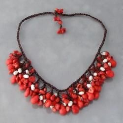 Cotton Clusters Teardrop Red Coral/ Pearl Necklace (5 7 mm) (Thailand