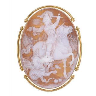 18k Yellow Gold Shell Saint George Cameo Oval Pendant Brooch