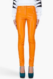Mugler Orange Stretch Leather Pants for women