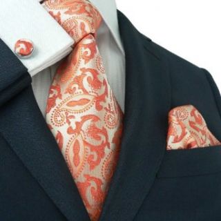 Landisun 189 Bright Orange Paisleys Mens Silk Tie Set: Tie