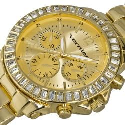 Vernier Womens Large Gold Tone Chrono Look Dial Dual Time Watch