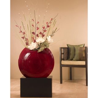 Bamboo 24 inch Red Circular Vase with Floral (Black Stand Not Included