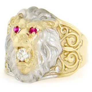 10K Two Tone Gold Big Lion Head Red White CZ Mens Ring