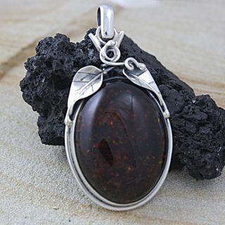 Sterling Silver Cognac Baltic Amber Oval Leaf Pendant (Poland