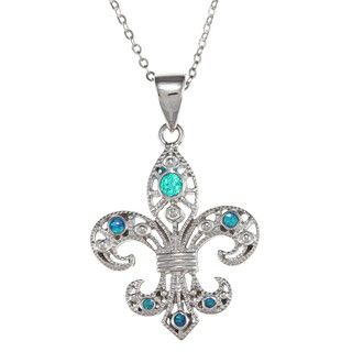 La Preciosa Sterling Silver Created Blue Opal Fleur de Lis Necklace