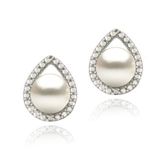 Glitzy Rocks Silver FW Pearl and Diamond Accent Pear Earrings (7 mm