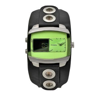 Fossil Mens Digital Black Leather Green Dial Watch