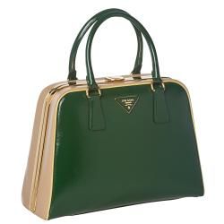 Prada Green/ Beige Leather Pyramid Frame Bowler Bag