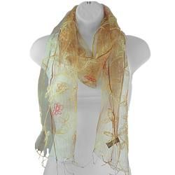 Hand spun Silk Embroidered Small Daisy Gold Scarf (India)