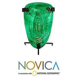 Blown Glass Green Light of Guadalupe Candleholder (Mexico